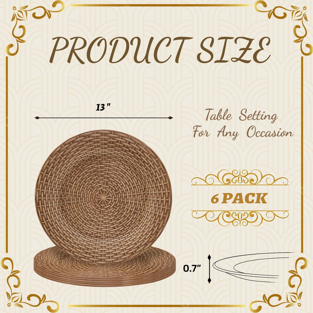 Faux Rattan Charger Plates Set of 6, Round Brown Plate Chargers