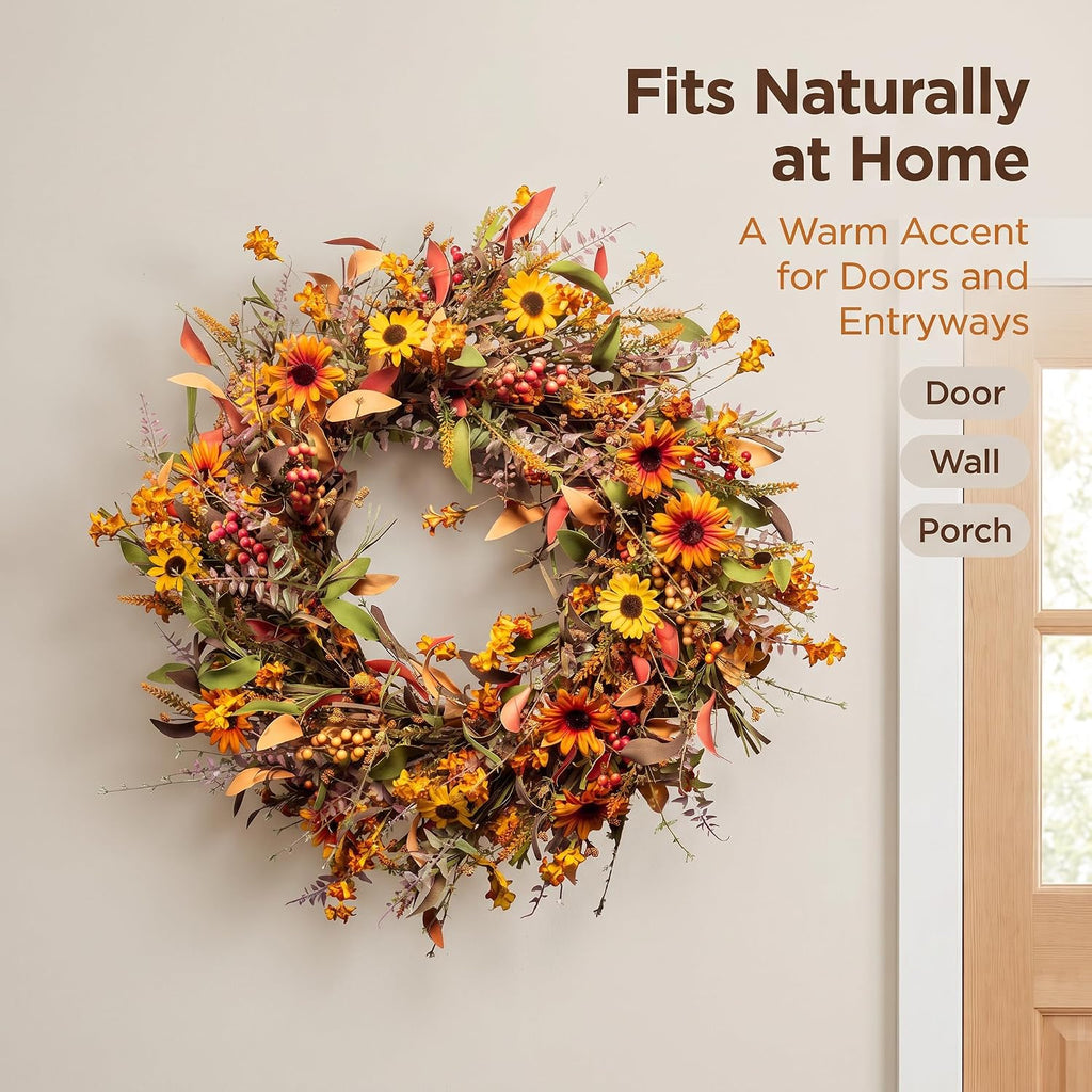 24 Inch Fall Wreaths for Front Door, Artificial Autumn Wreath with Sunflowers, Berries and Leaves, Thanksgiving