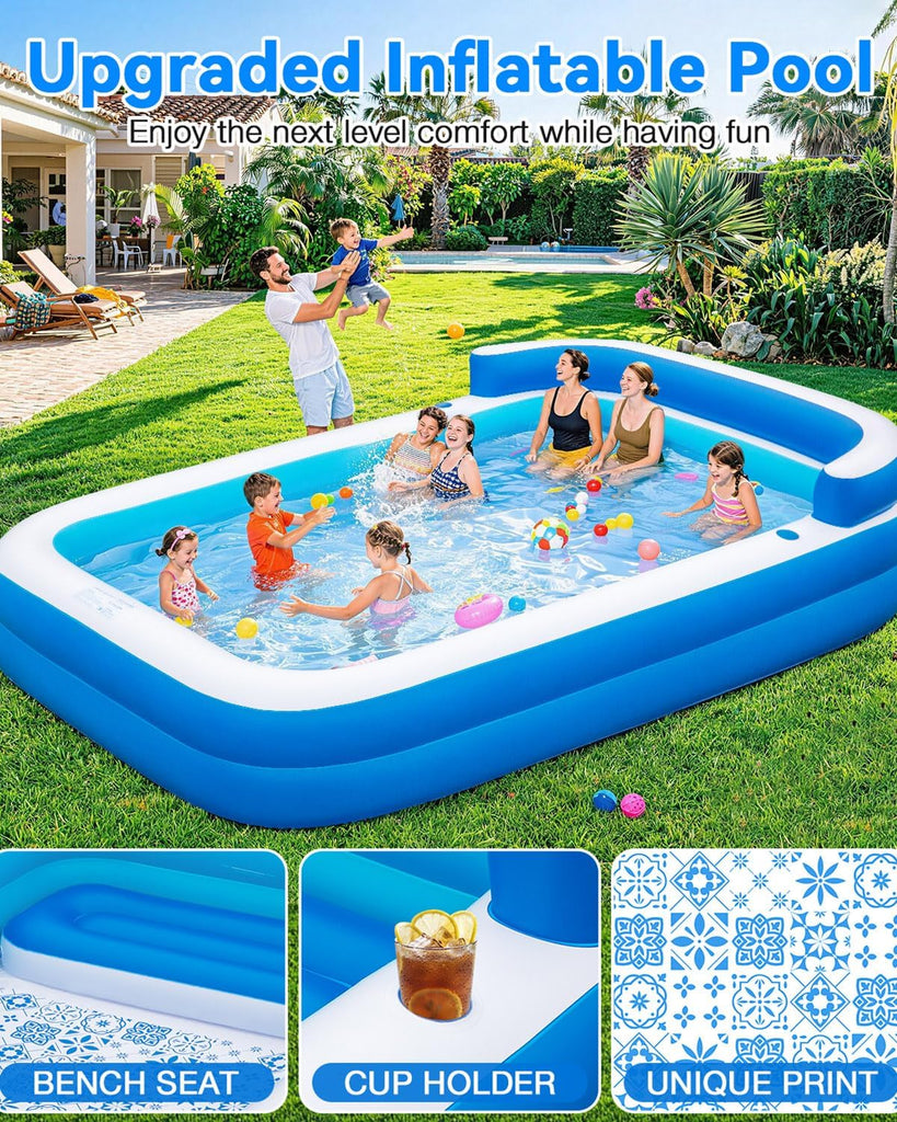Large Inflatable Swimming Pool - 120" x 85" x 26" Blow Up Pool for Adults and Kids with Seat & Air Pump, for Backyard
