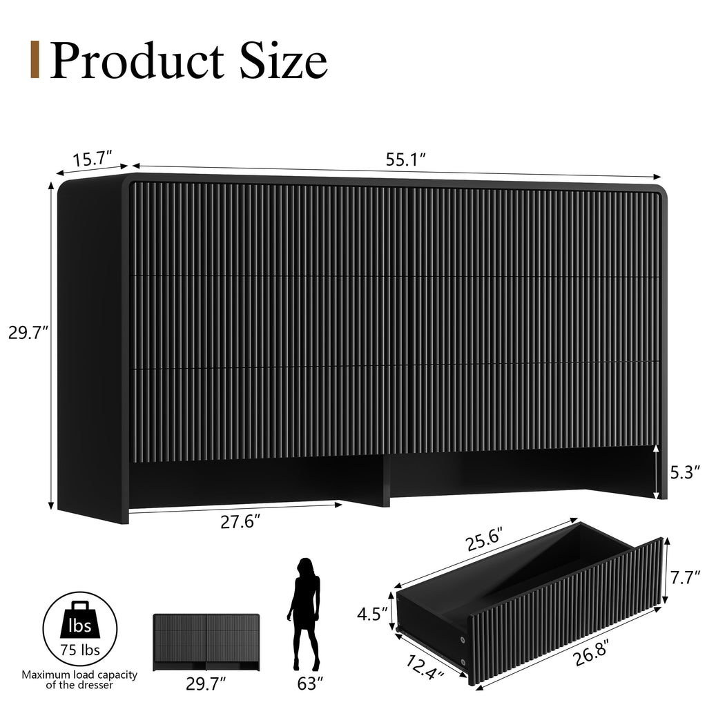 Black 6 Drawer Dresser, 55.1" Wide Chest of Drawers