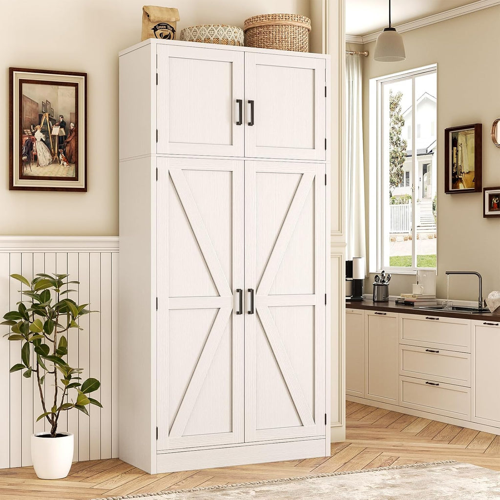 71" Tall Kitchen Pantry Storage Cabinet with Adjustable Shelves | Large Farmhouse Storage Cupboard, Barn Doors