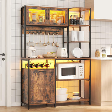 Bakers Rack with Power Outlet and LED Light, 42.5 inch Industrial Coffee Bar Cabinet with Trash Can Storage Bin