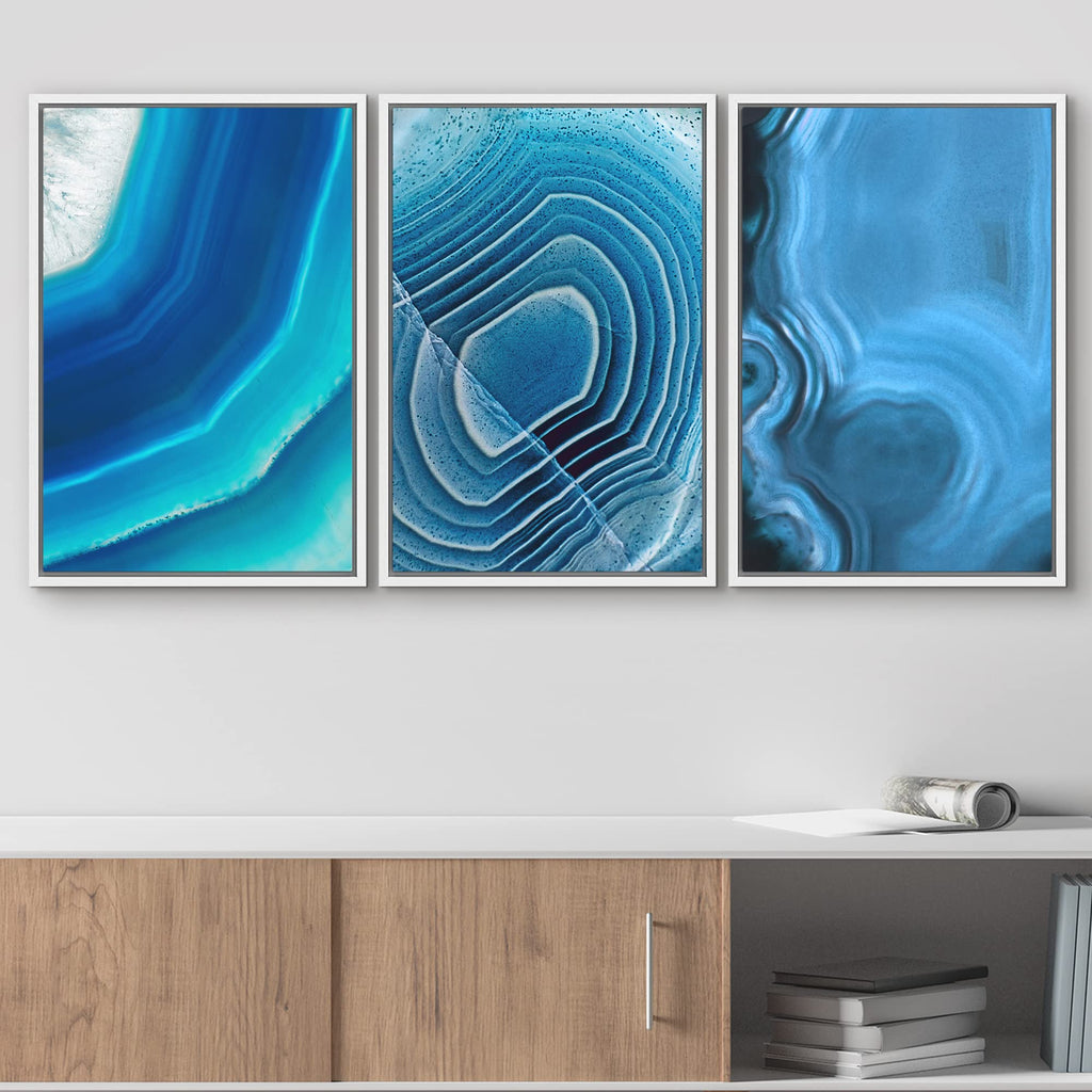 3 Panel Framed Canvas Wall Art - Blue Agate Patterns - Giclee Print Gallery Wrap Modern Home Art Ready to Hang