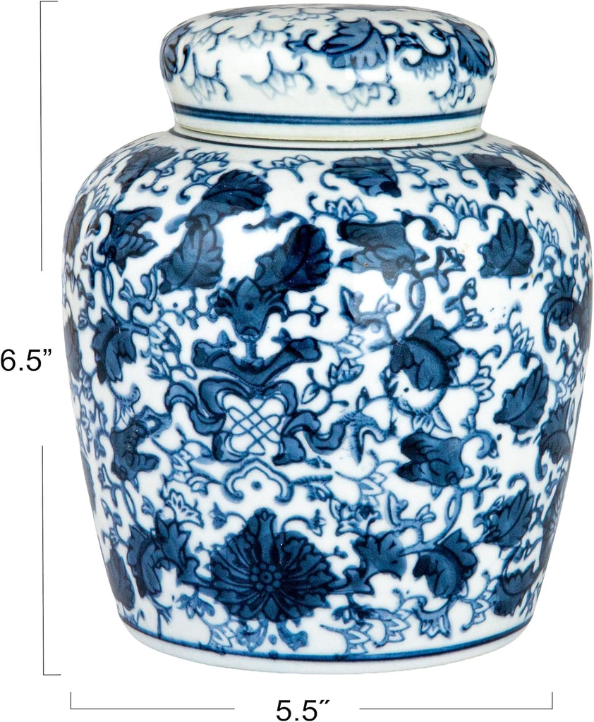 Small Decorative Ceramic Ginger Jar with Lid, Blue and White Floral Pattern