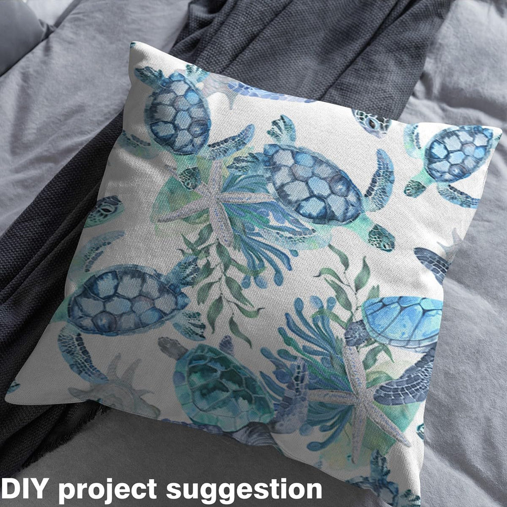 Sea Turtle Fabric by The Yard, Watercolor Fish Coral Soft Polyester No Stretch Sewing, Teal Turquoise Art Paint Print