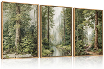 Misty Forest Green Canvas Wall Art, Large Vintage Forest Framed Wall Decor, Foggy Pine Tree Artwork Set of