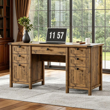 62" Farmhouse Desk with File Drawer and Outlets, Rustic Brown