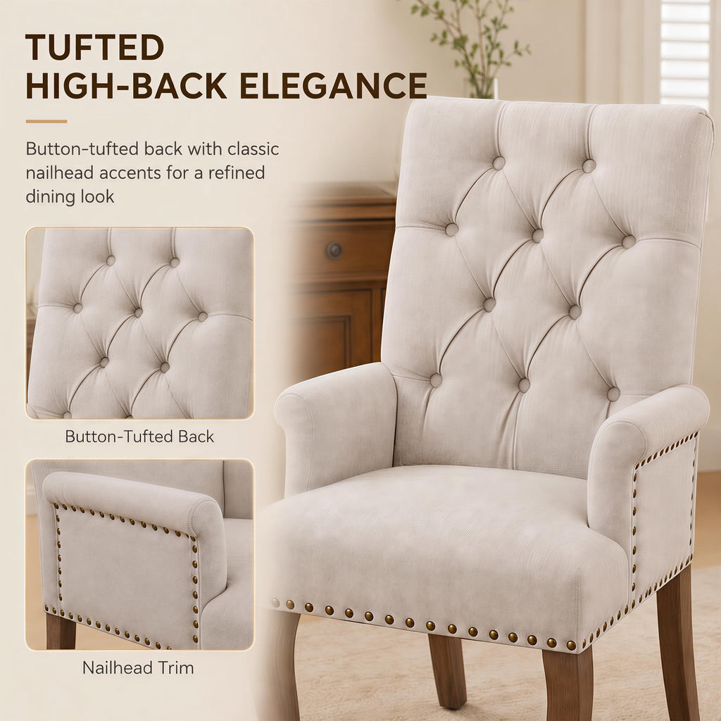 Upholstered Chenille Fabric Dining Chairs with Arms Set of 6, Tufted High Back Dining Room Chairs with Curved