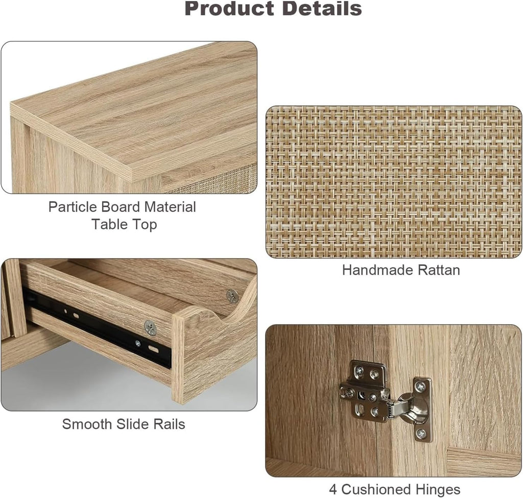 Rattan Wine Bar Cabinet, Boho Rattan Home Bar with Glass Holder and Drawer Style Racks, Oak Sideboard Buffet Storage