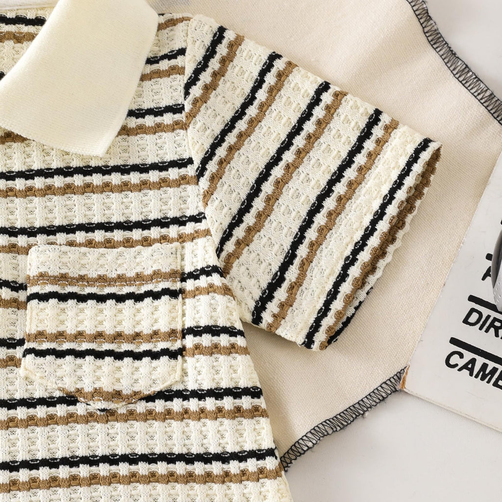 Boy Clothes Baby Striped Collared Shirt Shorts Beige Set