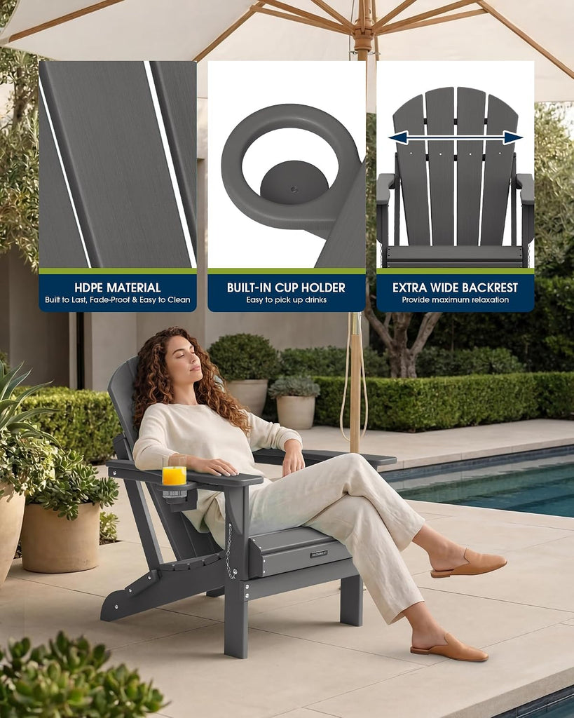 Folding Adirondack Chairs Set of 2 HDPE Weather Resistant, Patio Firepit Chairs, Sturdy Outside Chairs, Lawn Chairs