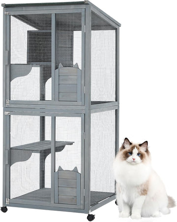 69 in Wooden 4-Tier Cat Catio Enclosure - Indoor/Outdoor Cat Playpen