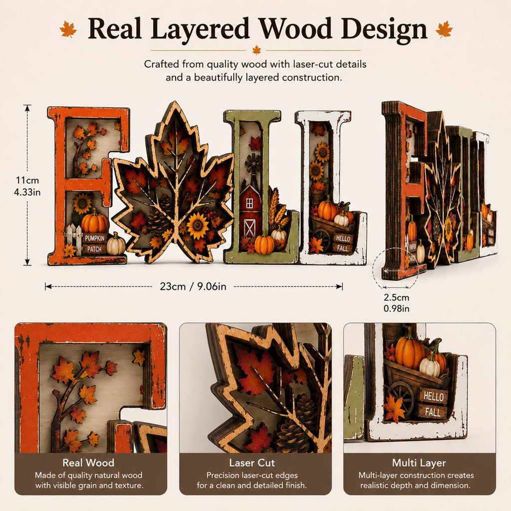 Fall Decorations 2026, 3D Wooden Fall Decor with Harvest Autumn Sign Leaf Pumpkin Scene, Rustic Thanksgiving Tabletop