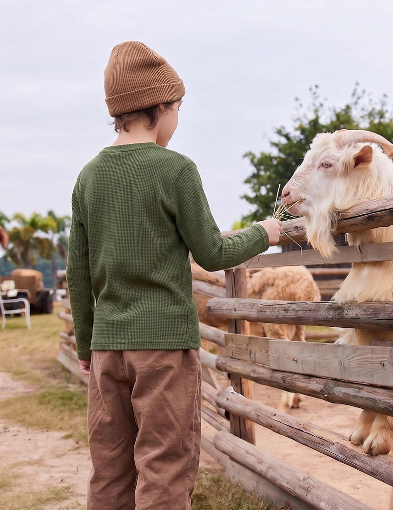 Boys Long Sleeve Thermal Shirts Waffle Henley Tops