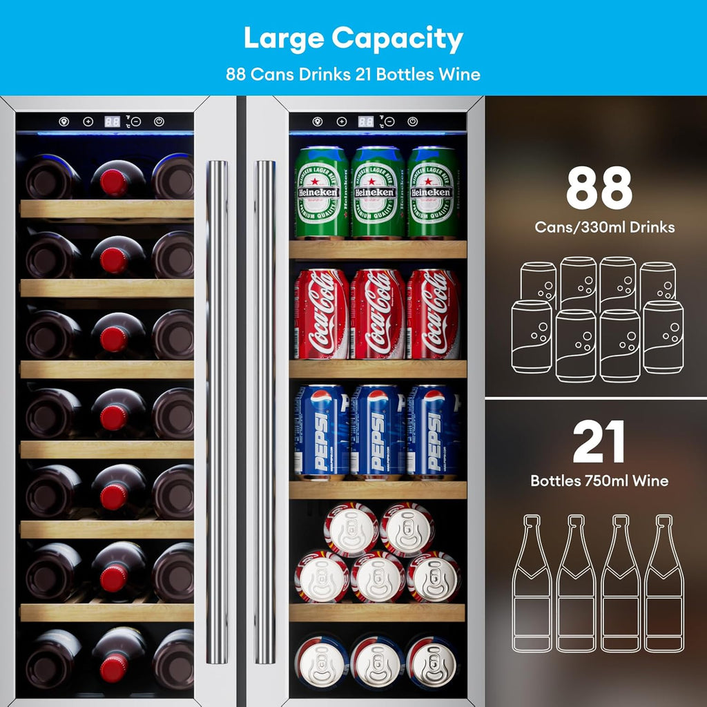 Wine and Beverage Refrigerator, 24 Inch Dual Zone Wine Cooler with Glass Door&Lo