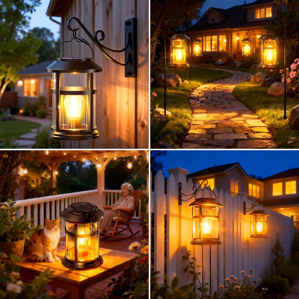 Solar Lanterns Outdoor Waterproof with Wall Mount Kit, Upgraded Brighter Hanging Solar Lights for Outside, Auto