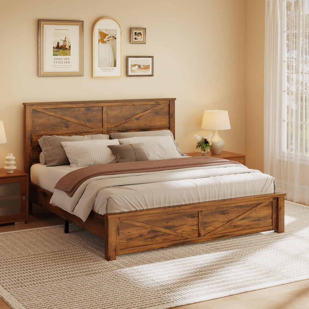 Farmhouse Wood Bed Frame with X-Shaped Panel Headboard, Brown