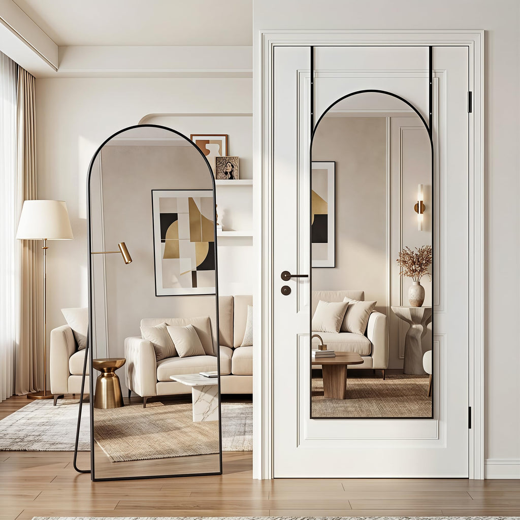 58"x20" Over The Door Mirror, Arched Full Length Mirror, Black