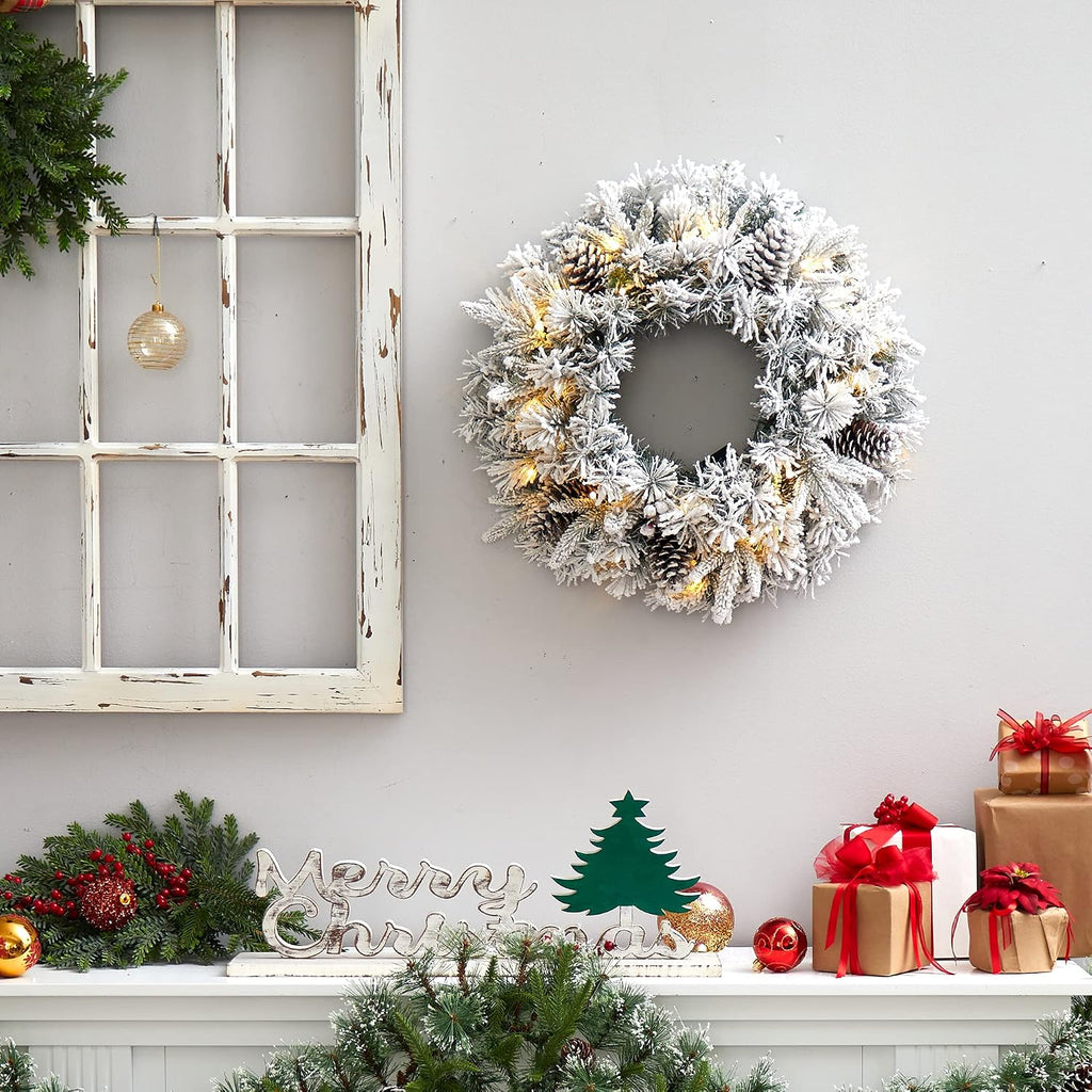20in. Flocked Artificial Christmas Wreath with 35 Warm White LED Lights