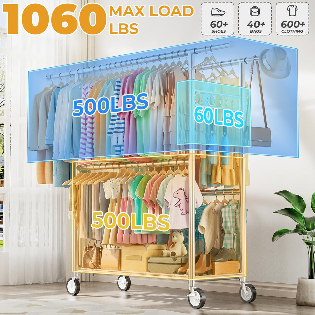 Heavy Duty Clothes Rack Load 1060LBS, Four Rods Rolling Clothing Racks for Hanging Clothes, Rolling Garment Rack With