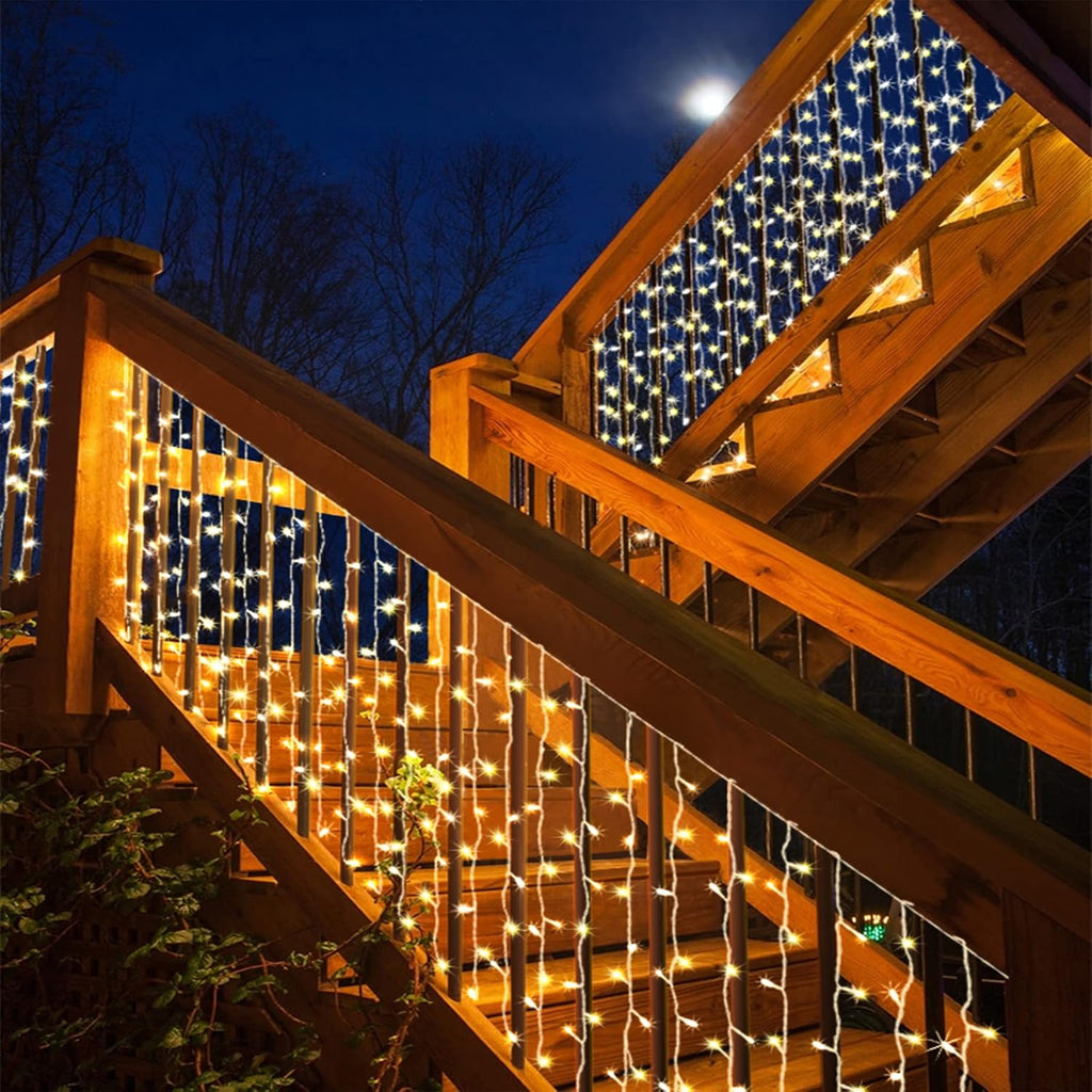 Curtain-Lights Outdoor, 300 LED-Fairy Lights, Connectable15×3.3 FT with 8 Lighting Modes, for Balconies, Fences