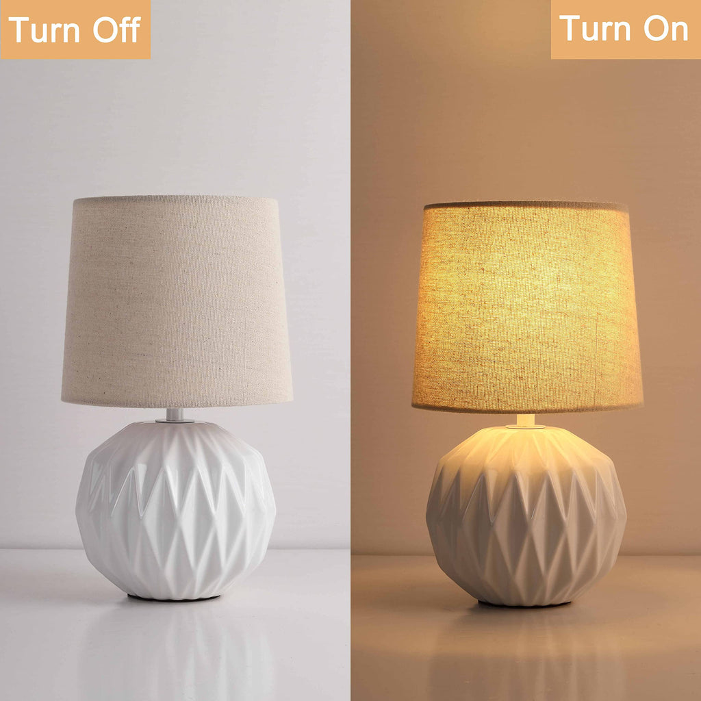 White Ceramic Table Lamp, Geometric Textured Small Bedside Lamp with Linen Shade, Mid Century Modern Nightstand Lamp