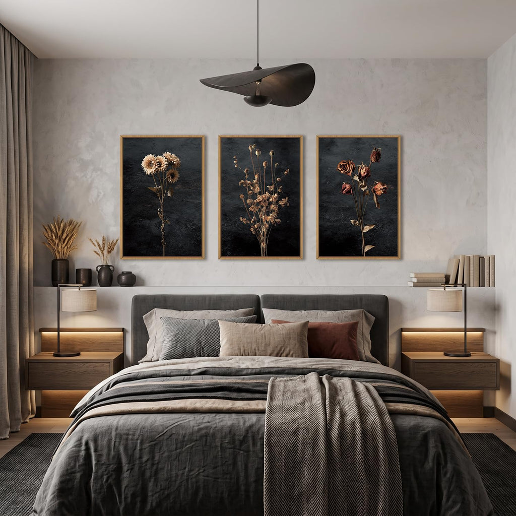 Large Moody Dark Floral Framed Canvas Wall Art Set- 24"x36"x3