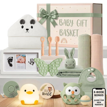 New Baby Gift Basket Curated Piece Set with Infant Development Toys
