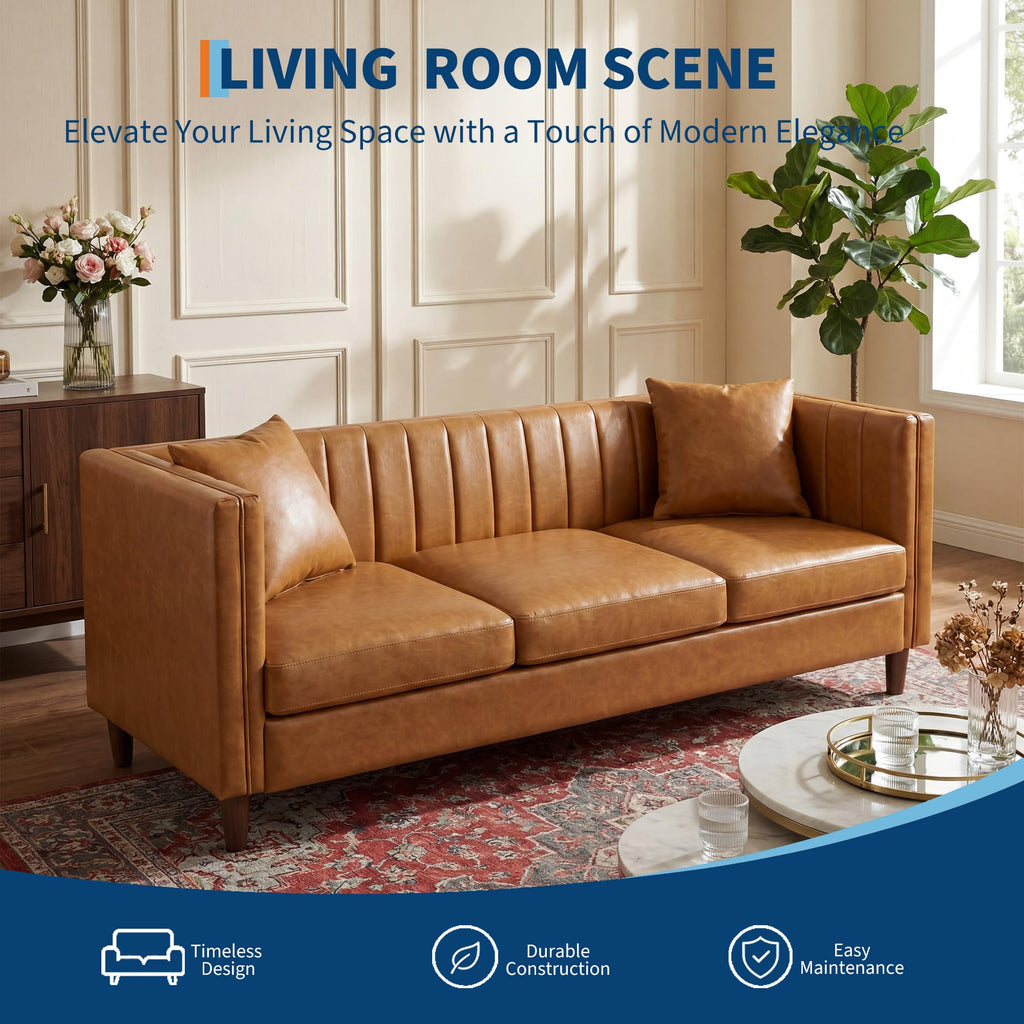 81" PU Leather Sofa, 3-Seater Couch, Cognac Tan