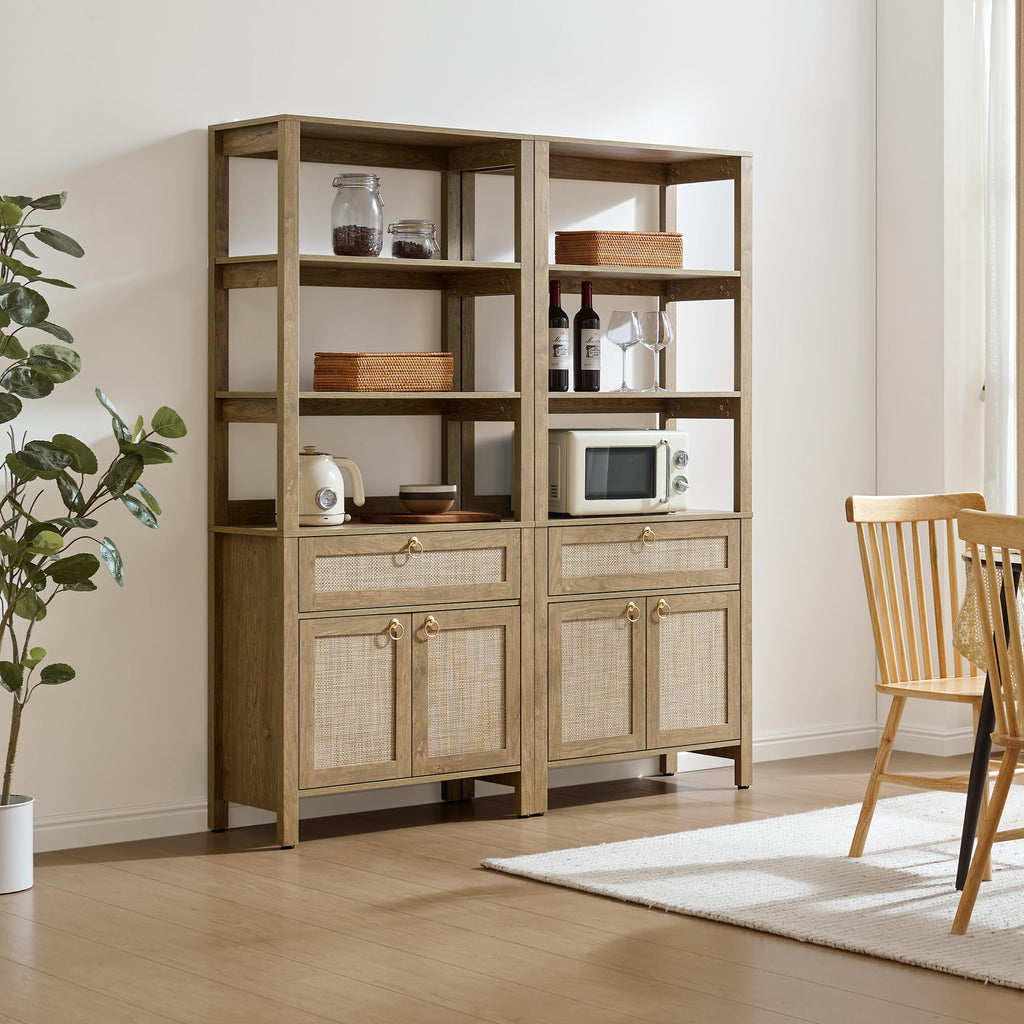 68.5" Tall Boho Rattan Bookshelf with Single Drawer & Storage Doors