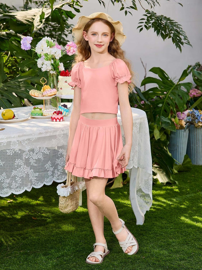 Girls Skirt Set Kids Puff Short Sleeve Crop Tops Rufffle Mini Skirt Shorts 2 Piece Summer Outfits Clothing Sets