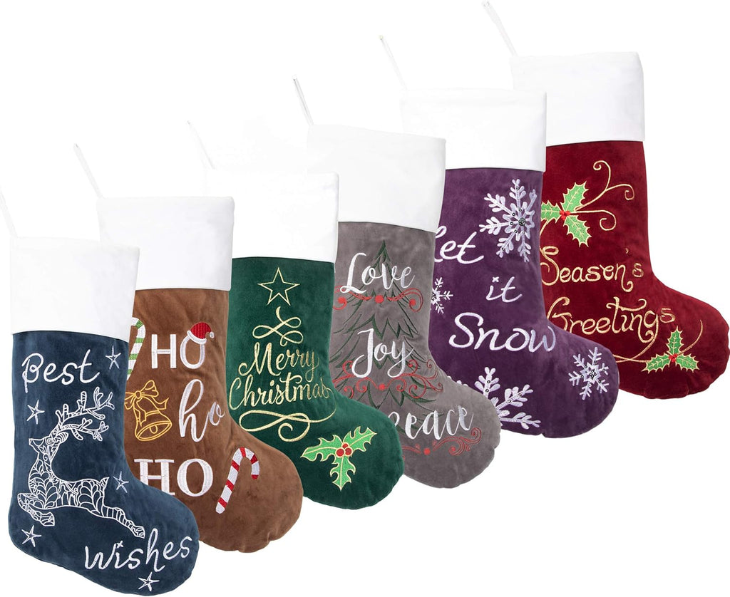 GEX Christmas Stockings 6 Pack for Family 22" Large Embroidered Classic Luxury Velvet Red Green Purple Blue Grey