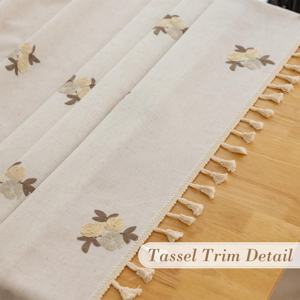 Cream Linen Tablecloth Rectangle 60 x 84 Inch Brown Floral Pattern Embroidered Table Cloth with Tassel Heavy Duty