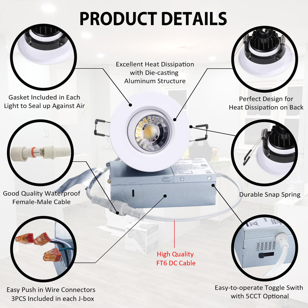 3 Inch Gimbal LED Recessed Lights 6 Pack,Adjustable Downlight, White