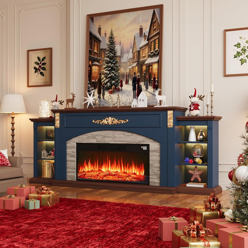 90inch Fireplace TV Stand, Fireplace with Mantel Holds TVs up to 100 Inch, Blue TV Stand with 36inch Electric Fire