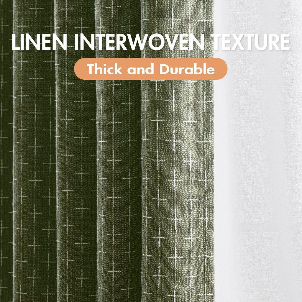 100% Blackout Decorative Linen Curtains with Geometric Pattern, Thick Woven Farmhouse Rustic Patterned Drapes with