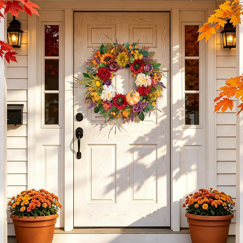24 Inch Fall Wreaths for Front Door, Autumn Farmhouse Harvest Wreath
