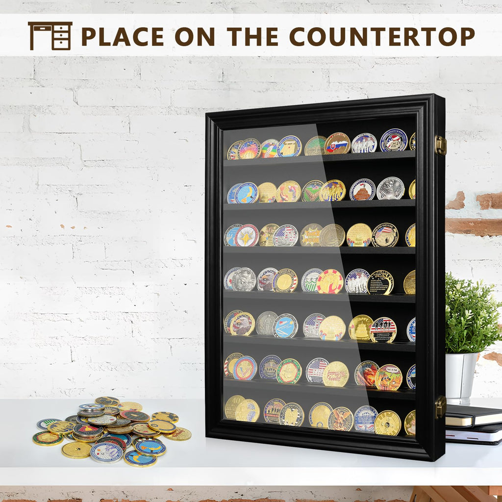 7 Rows Military Challenge Coin Holder Wall Display Case with HD Tempered Glass - Holds 100 Coins, Medal Display