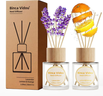 Reed Diffuser Set, Lavender Orange & Lemon Natural Scent Oil Diffusers with Sticks Bathroom Aromatherapy Decor 1.69oz - Set of 2