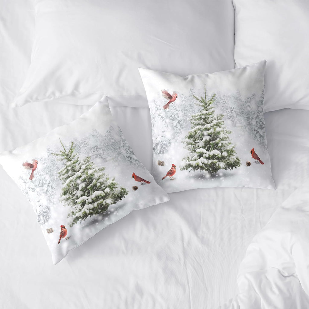 Winter Throw Pillow Covers 18X18 Snowy Natural Forest Decorative Pillow Case Green Pine Tree with Cardinal - Set of 2