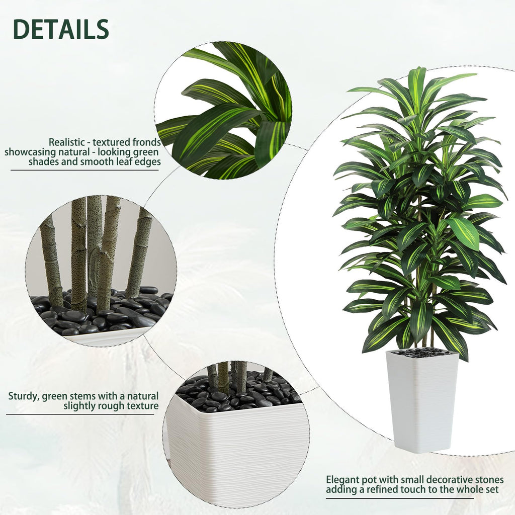 Artificial Dracaena Tree 6FT, faux plants indoor with White Tall Planter