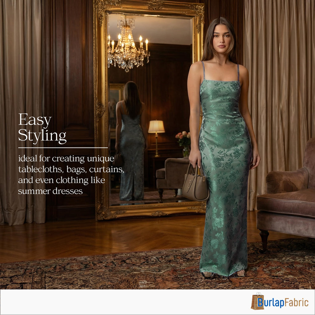 Sage Satin Brocade Jacquard Fabric by The Yard - Woven Floral Fabric, Luxurious Sheen, Lightweight and Crisp Drape