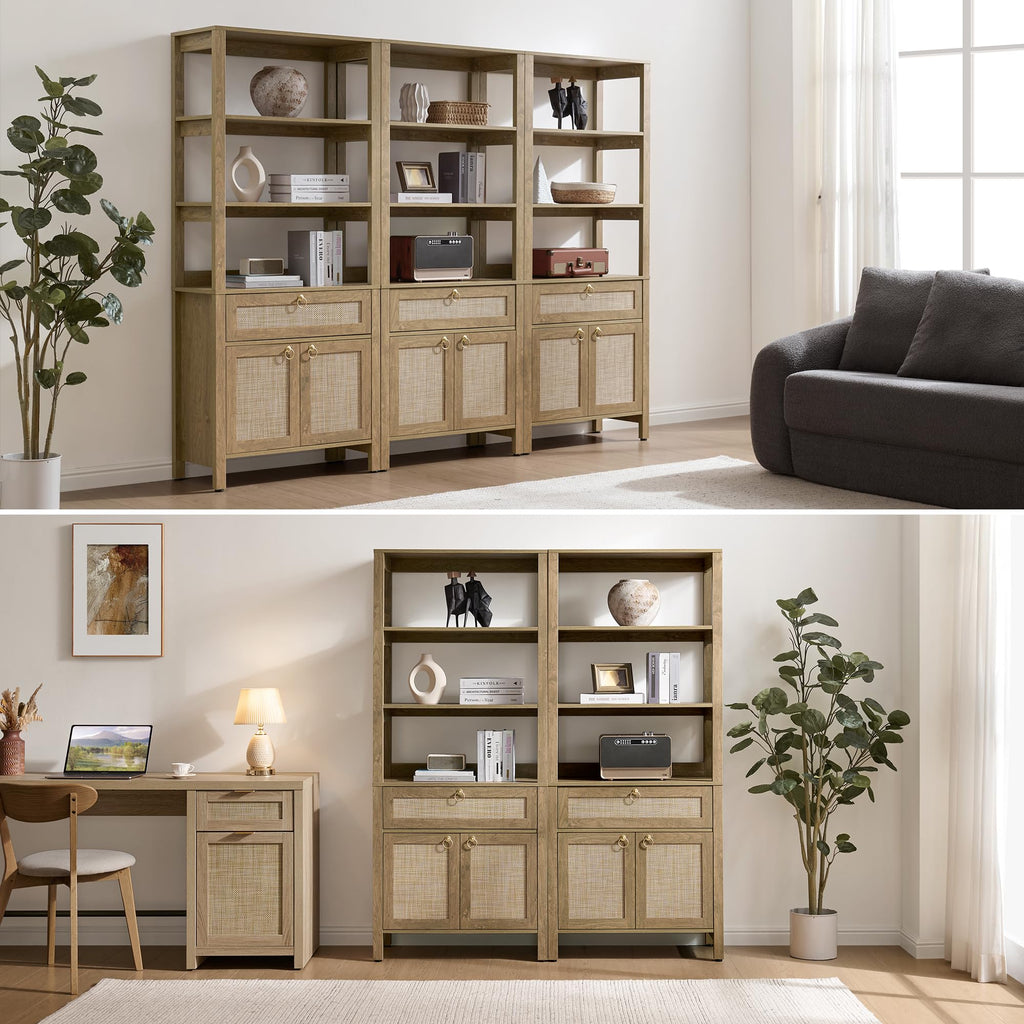 68.5" Tall Boho Rattan Bookshelf with Single Drawer & Storage Doors