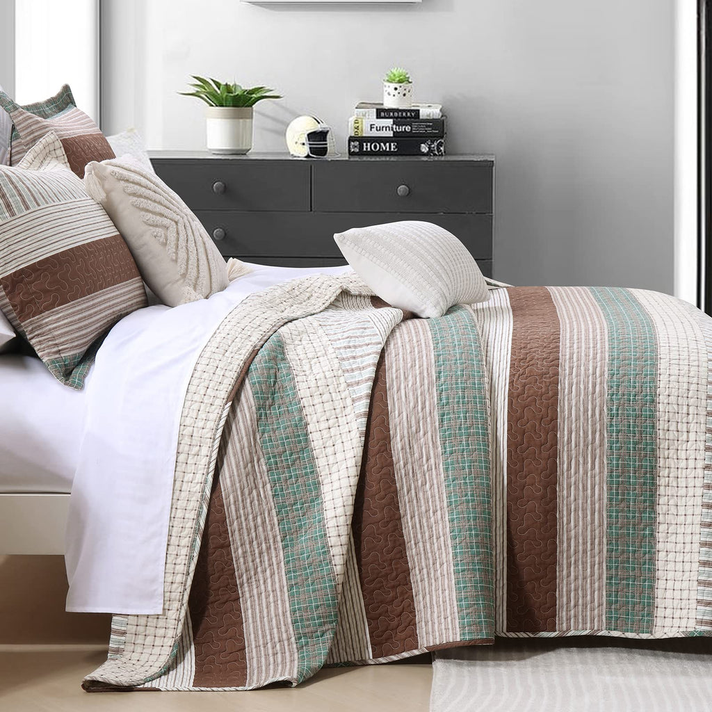 100% Cotton Quilt 3 Piece Farmhouse Striped Bedspread