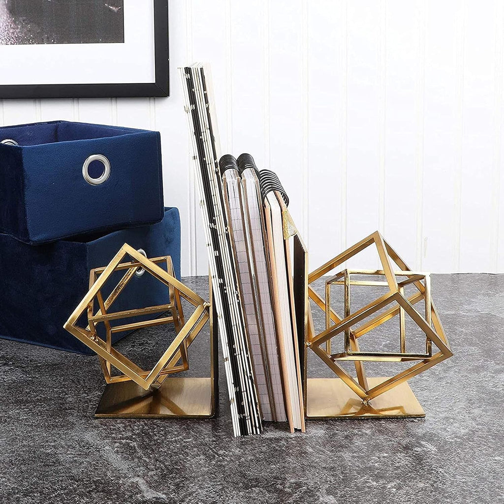 Gold Bookends - Heavy-Duty Metal Book Ends for Bookshelf Decor - Geometric Square Style for Decorative Books Display