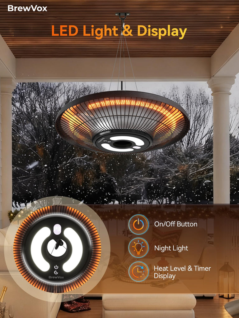 Hanging Patio Heater, Electric Outdoor Infrared Ceiling Heater with LED Light, Smart App & Remote, 24H Timer