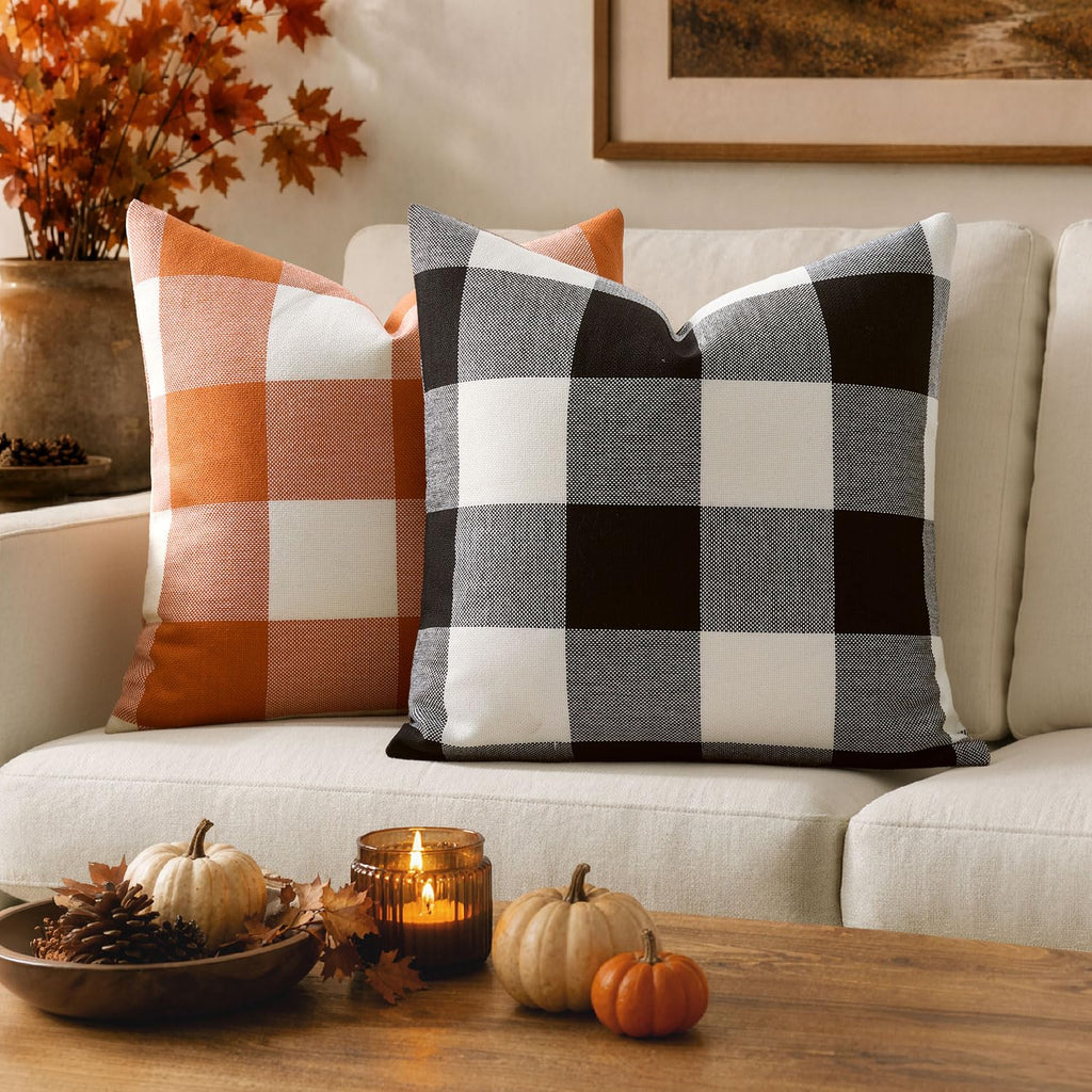 Halloween Plaid Pillow Covers Fall 16x16 Black and White Pack of 2