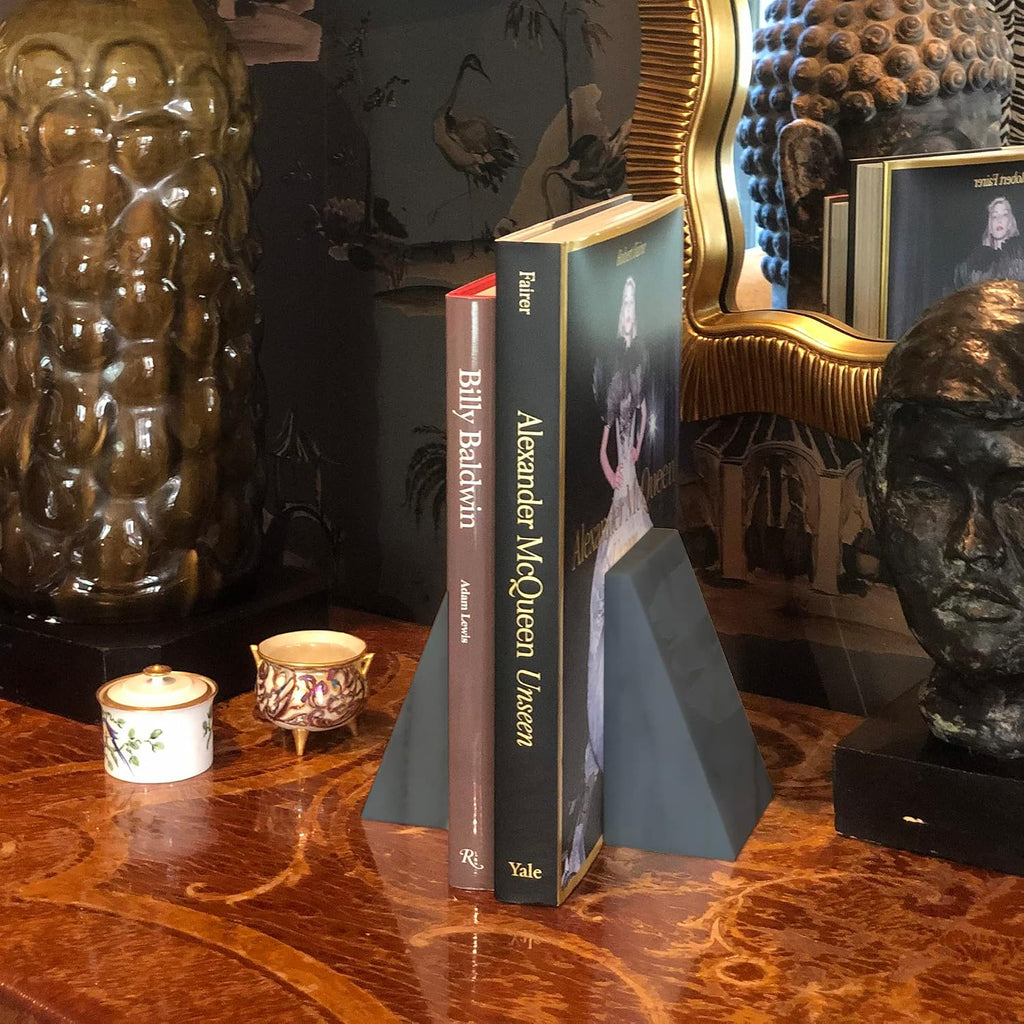 100% Natural Polished Marble Bookends, Grey, Set of 2, Triangular Heavy Bookends