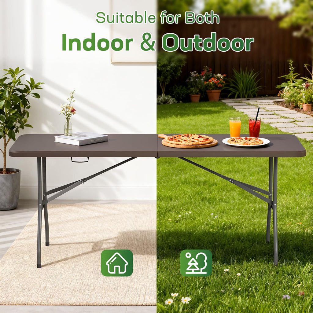 Folding Table 6 FT Heavy Duty Plastic Foldable Table with Carrying Handle for Camping Picnic BBQ Party Banquet