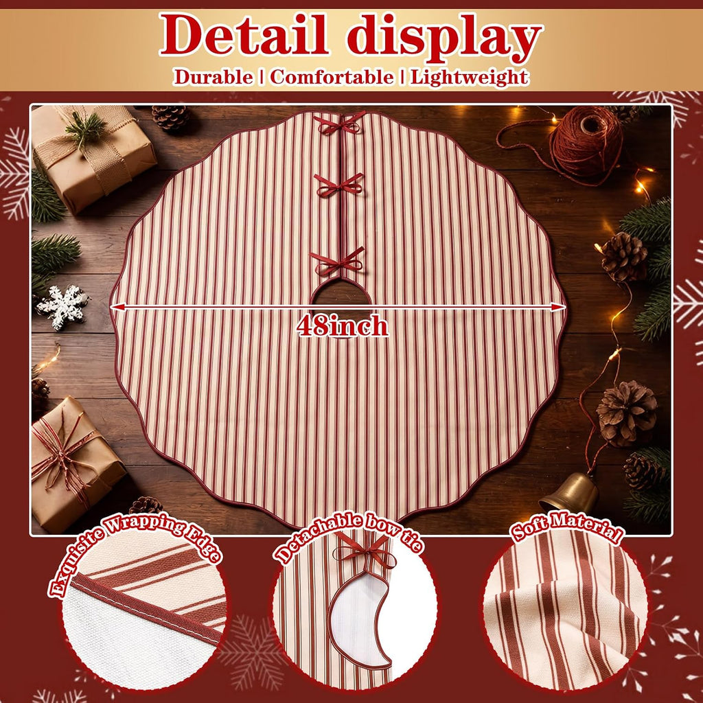48" Dark Red Striped Christmas Tree Skirt, Primitive Xmas Tree Skirt